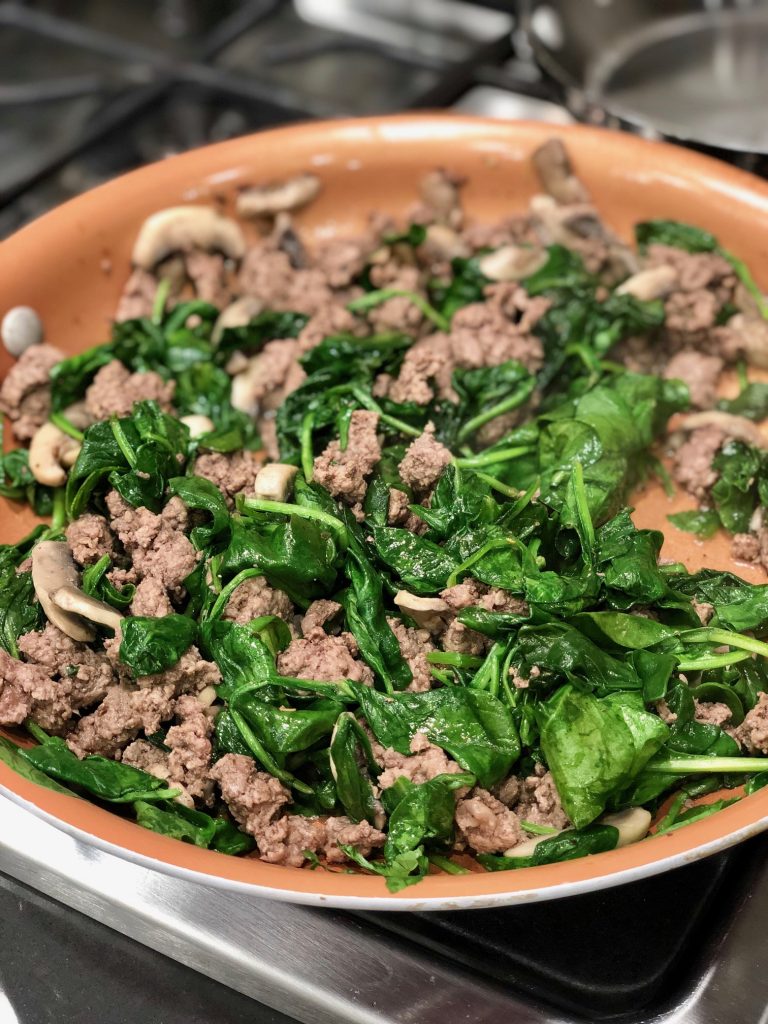 One Pan Skillet Beef and Spinach Mushroom Sautee